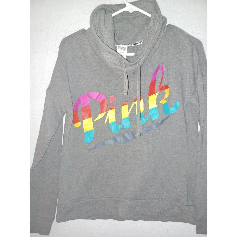 Victoria Secret PINK Women's XS Gray Sweatshirt pullover Rainbow logo cowl neck
